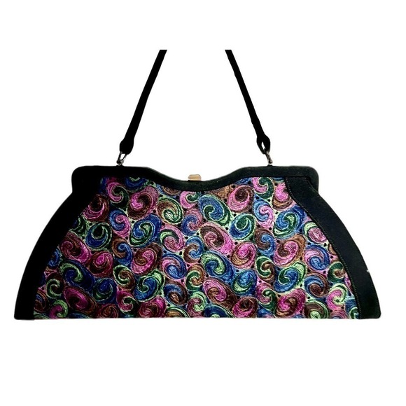 VTG Atomic 1950s "Pretty" Black Handbag w/ colorful Embroidered Swirls - Picture 1 of 7
